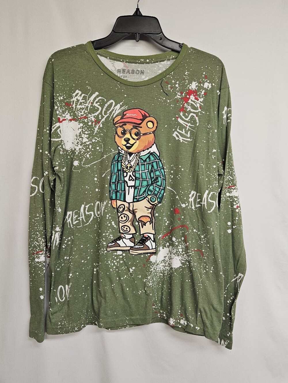 Reason Teddy Bear Splatter Long Sleeve T-Shirt Green "Polo Inspired" Large